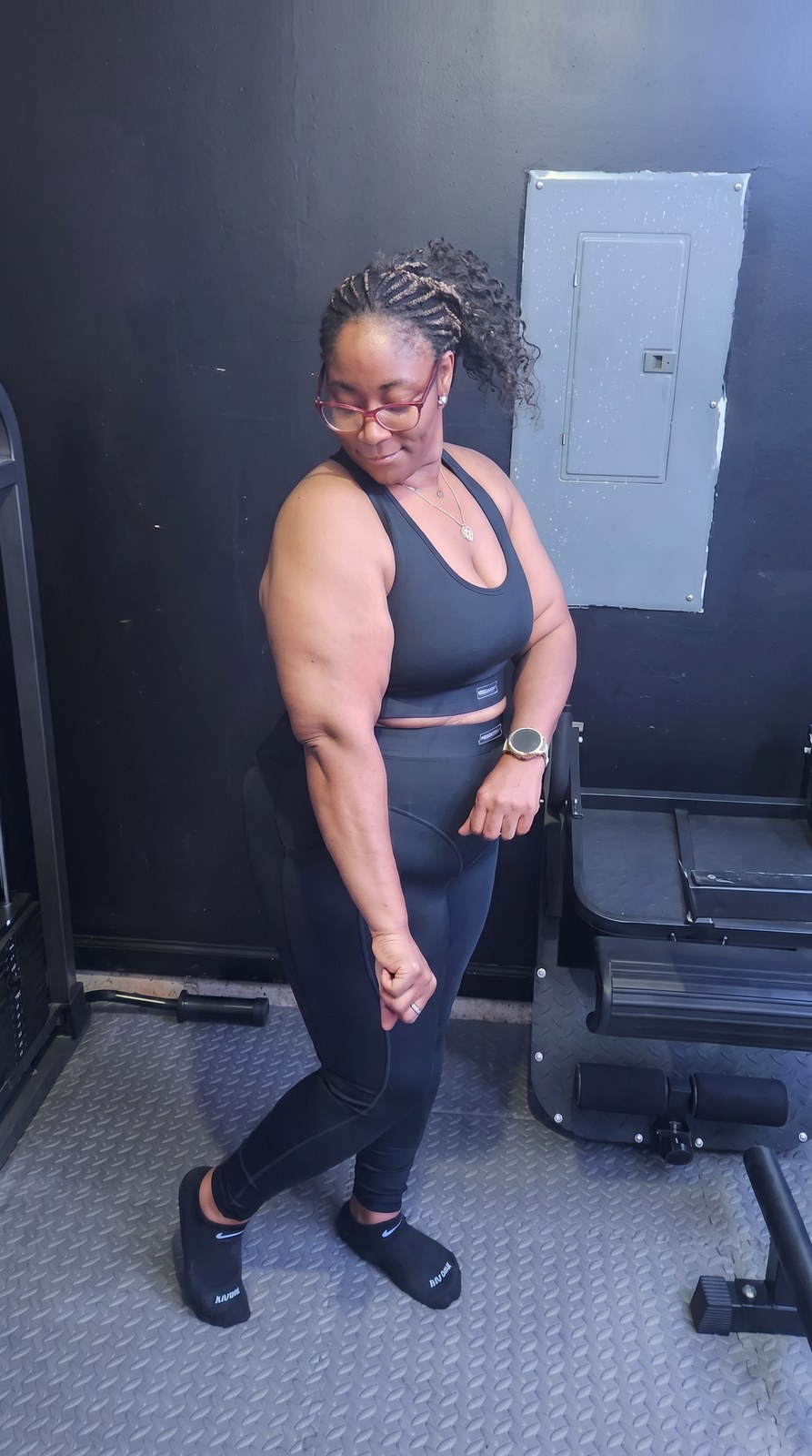 LaShounn Stevenson, BSN, RN — standing confidently in workout gear inside the gym